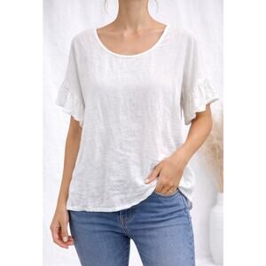 ELENA BALDI | 100% Linen White Ruffle Sleeve Lightweight Blouse Top | Large
